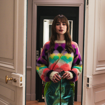 lily collins as emily in paris for season three of the netflix show wearing a colorful outfit
