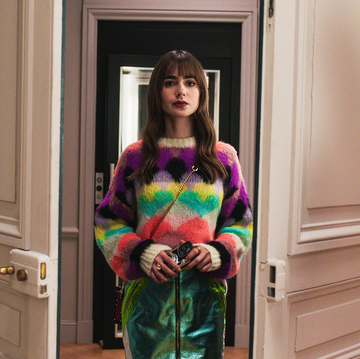 lily collins as emily in paris for season three of the netflix show wearing a colorful outfit