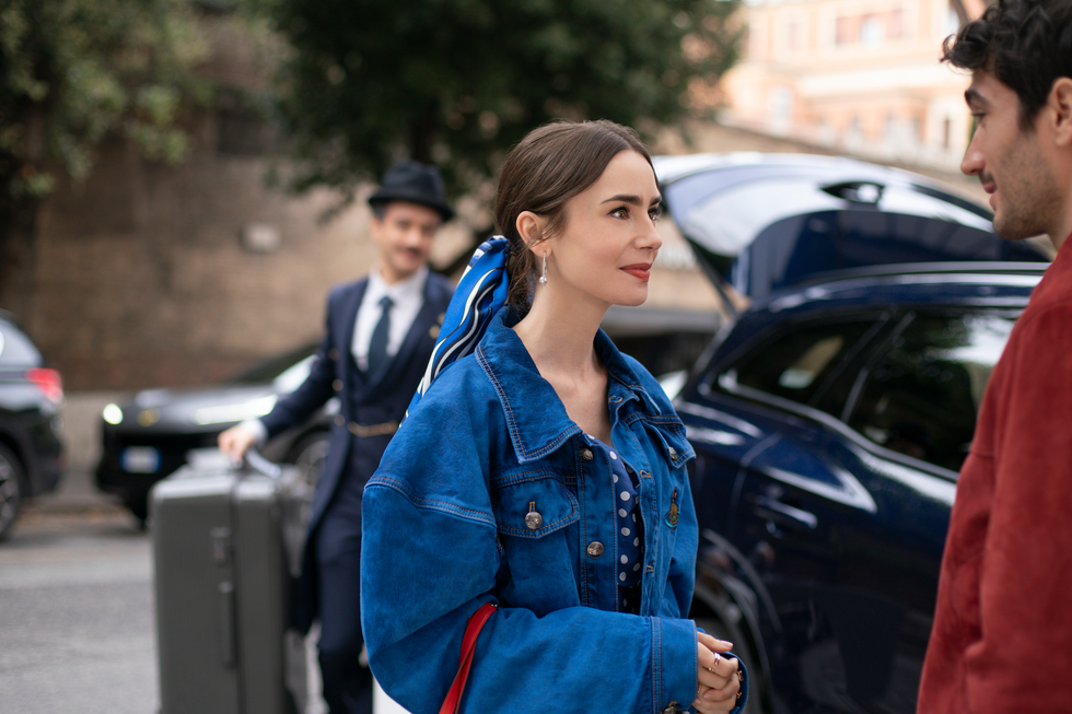 lily collins as emily, eugenio franceschini as marcello in episode 409 of emily in paris