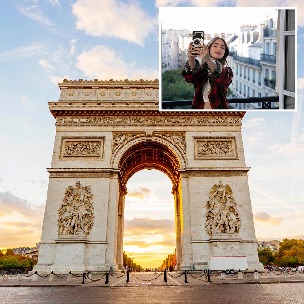iconic arch monument with sunset backdrop and inset photo of a person taking a selfie