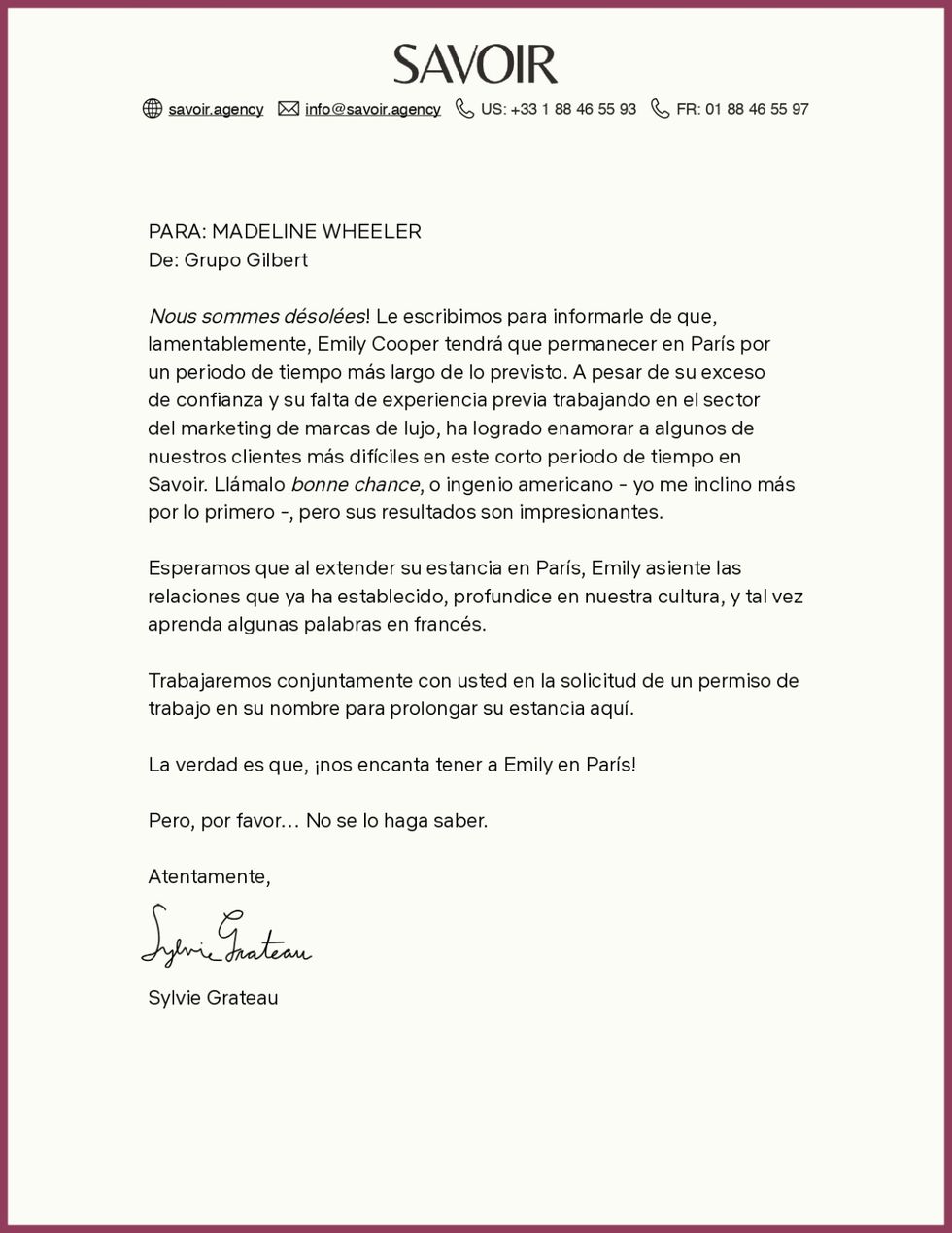 carta de sylvie grateau que confirma la segunda temporada de ´emily in paris'
