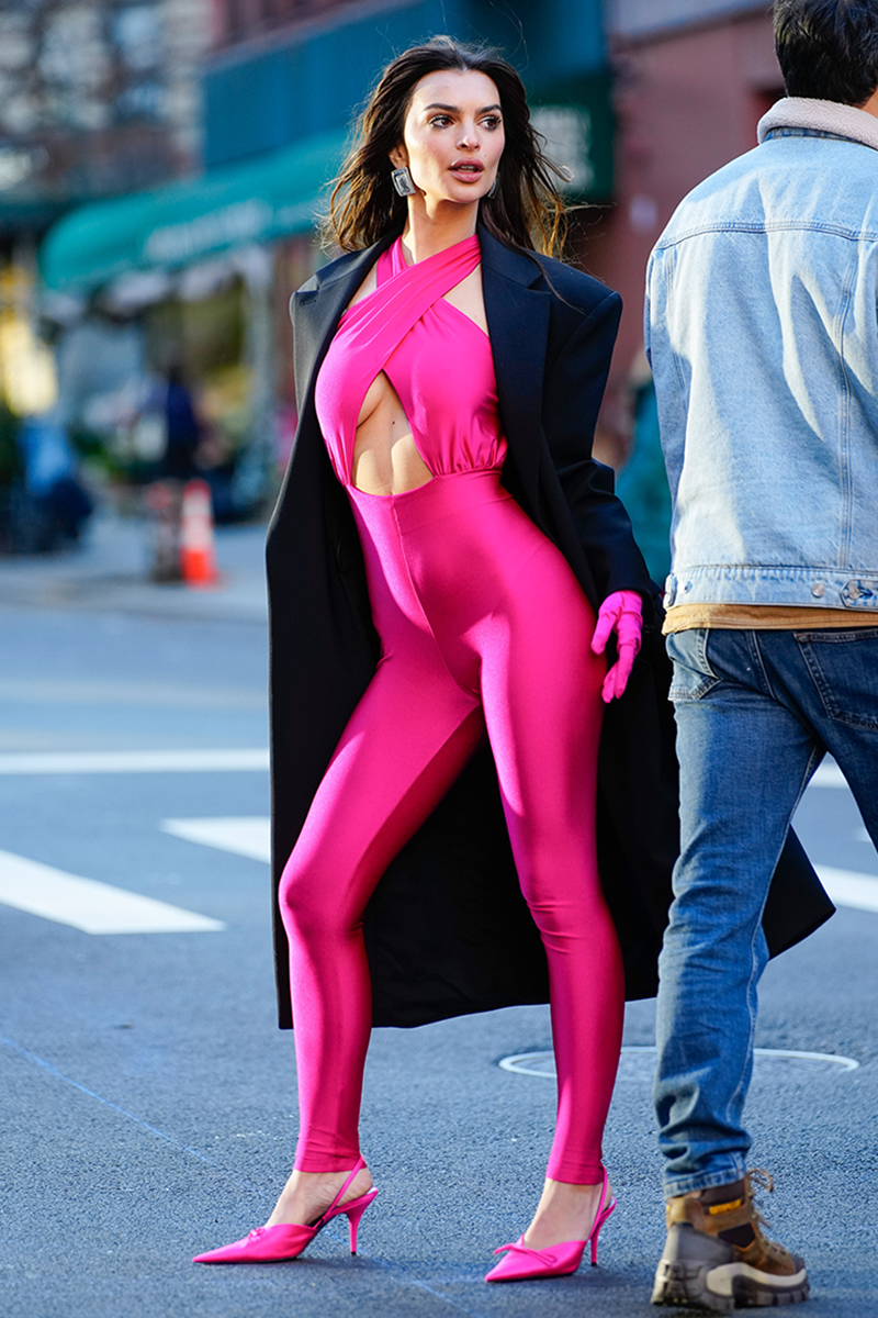 emily ratajkowski pink cutout jumpsuit