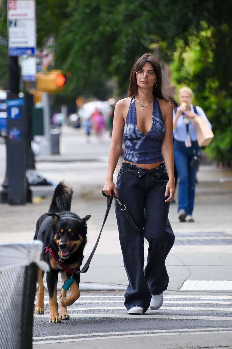 Emily Ratajkowski goes braless in a low-cut top to walk her dog