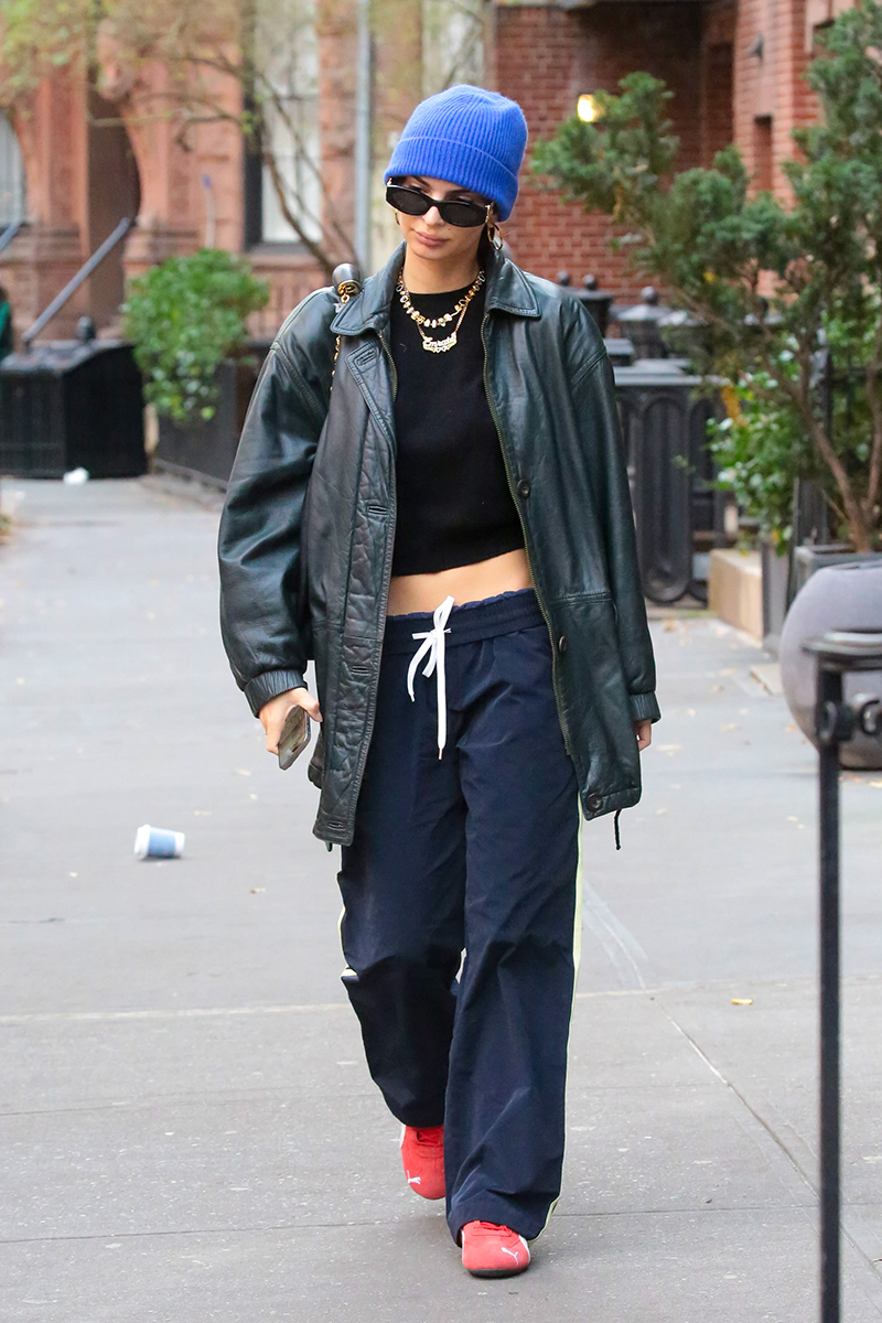 Emily Ratajkowski's leather jacket and joggers nail off-duty chic