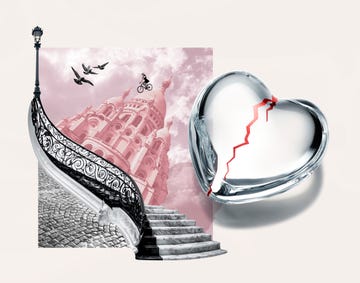 a baccarat crystal heart with a red crack in the middle, next to an illustrated scene of montmartre cathedral in paris