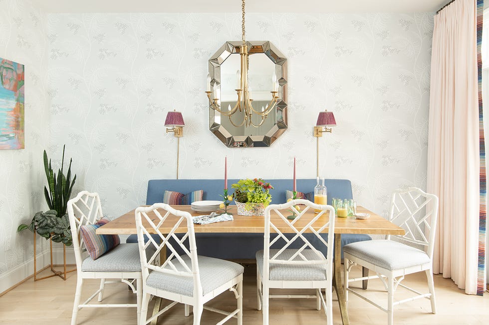 colorful dining room with banquette