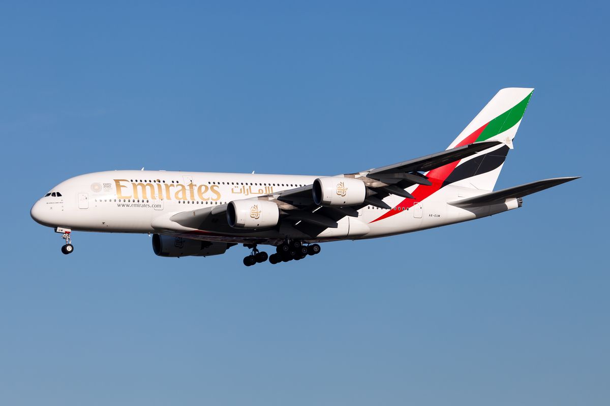 Emirates Airbus 380-800 about to land at London Heathrow...