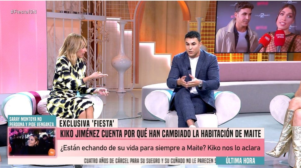 El momento más tenso de Emma García en televisión por la actitud de Kiko  Jiménez en 'Fiesta': "Me toca las narices que estés a la defensiva"