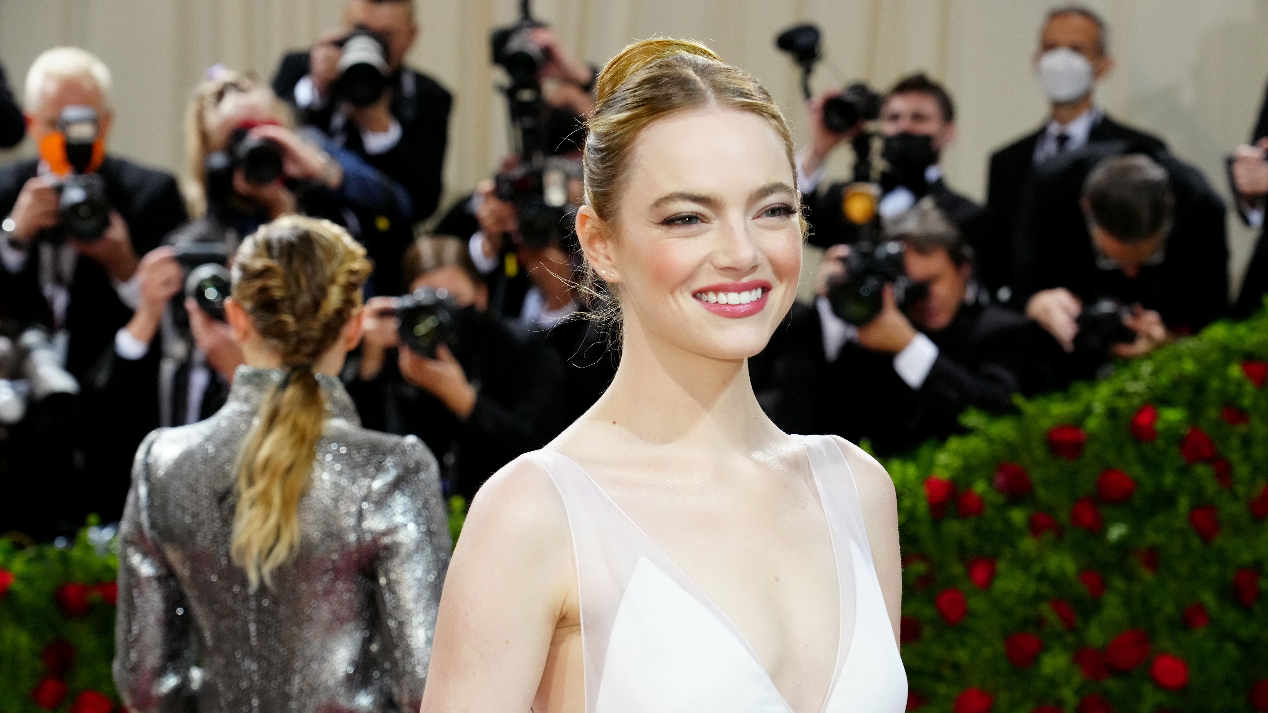 Emma Stone wears white suit to The Favourite after party in London