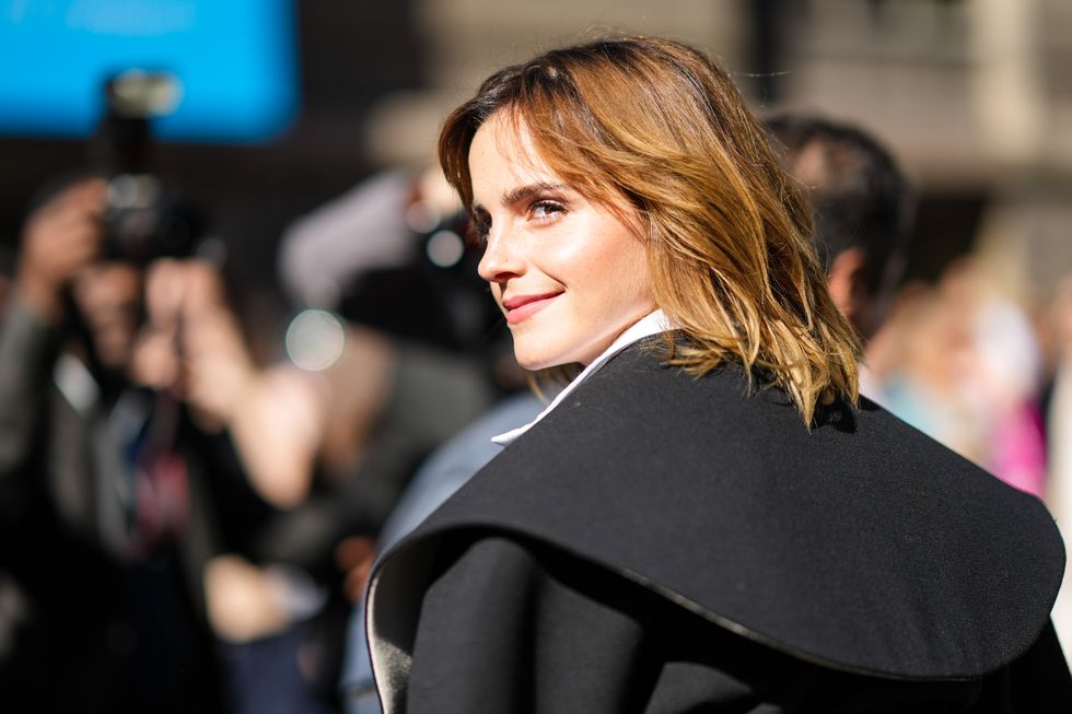 paris, france   july 04 emma watson is seen, outside the schiaparelli show, during paris fashion week   haute couture fall winter 2022 2023, on july 04, 2022 in paris, france photo by edward berthelotgc images