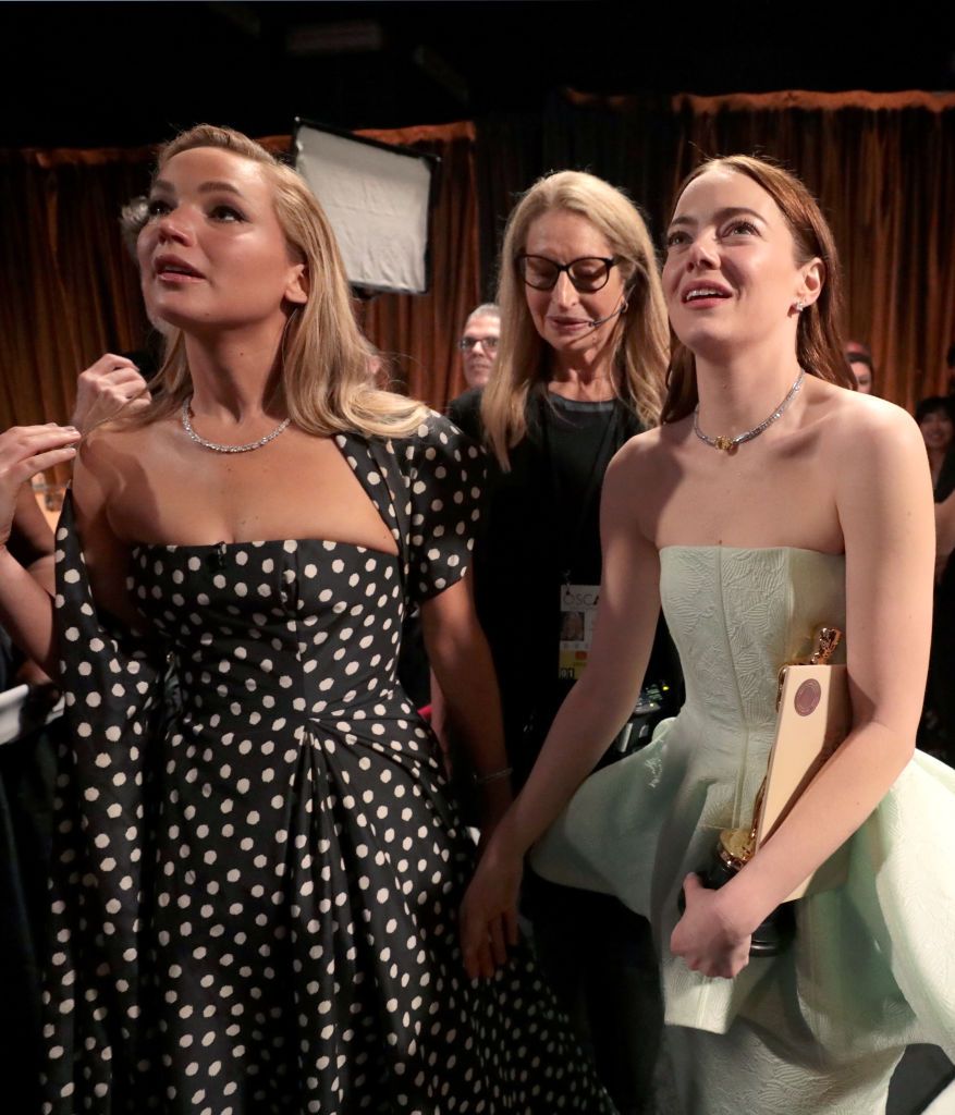 hollywood, california march 10 in this handout photo provided by ampas, jennifer lawrence and emma stone are seen backstage during the 96th annual academy awards at dolby theatre on march 10, 2024 in hollywood, california photo by al seibampas via getty images