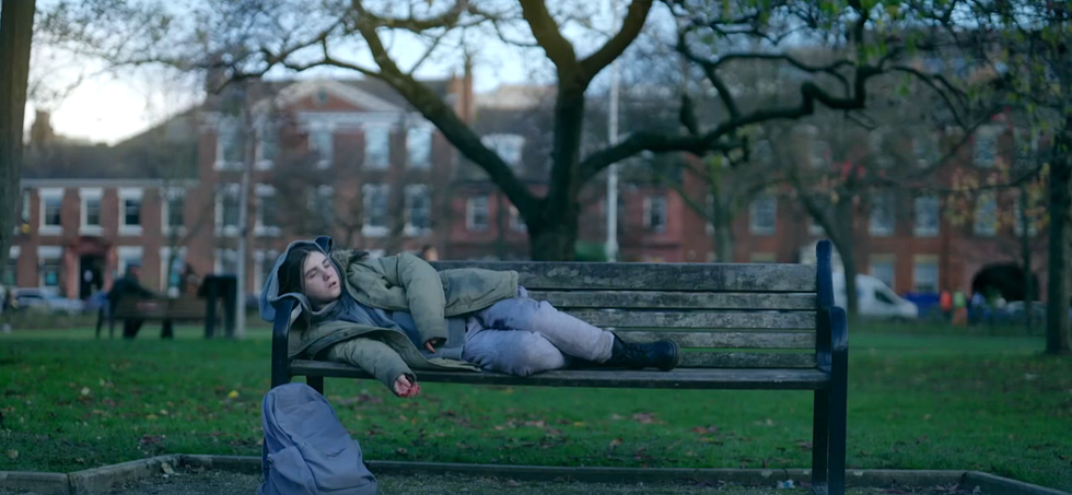 april windsor in emmerdale, a homeless teenage girl lies on a park bench