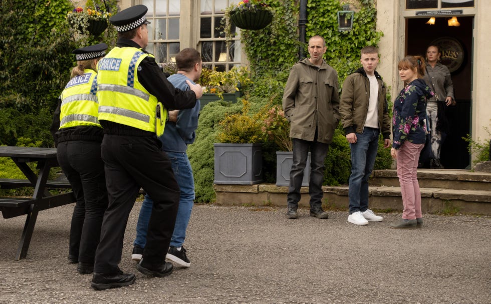 matty barton, sam dingle, samson dingle, lydia dingle and amy wyatt in emmerdale