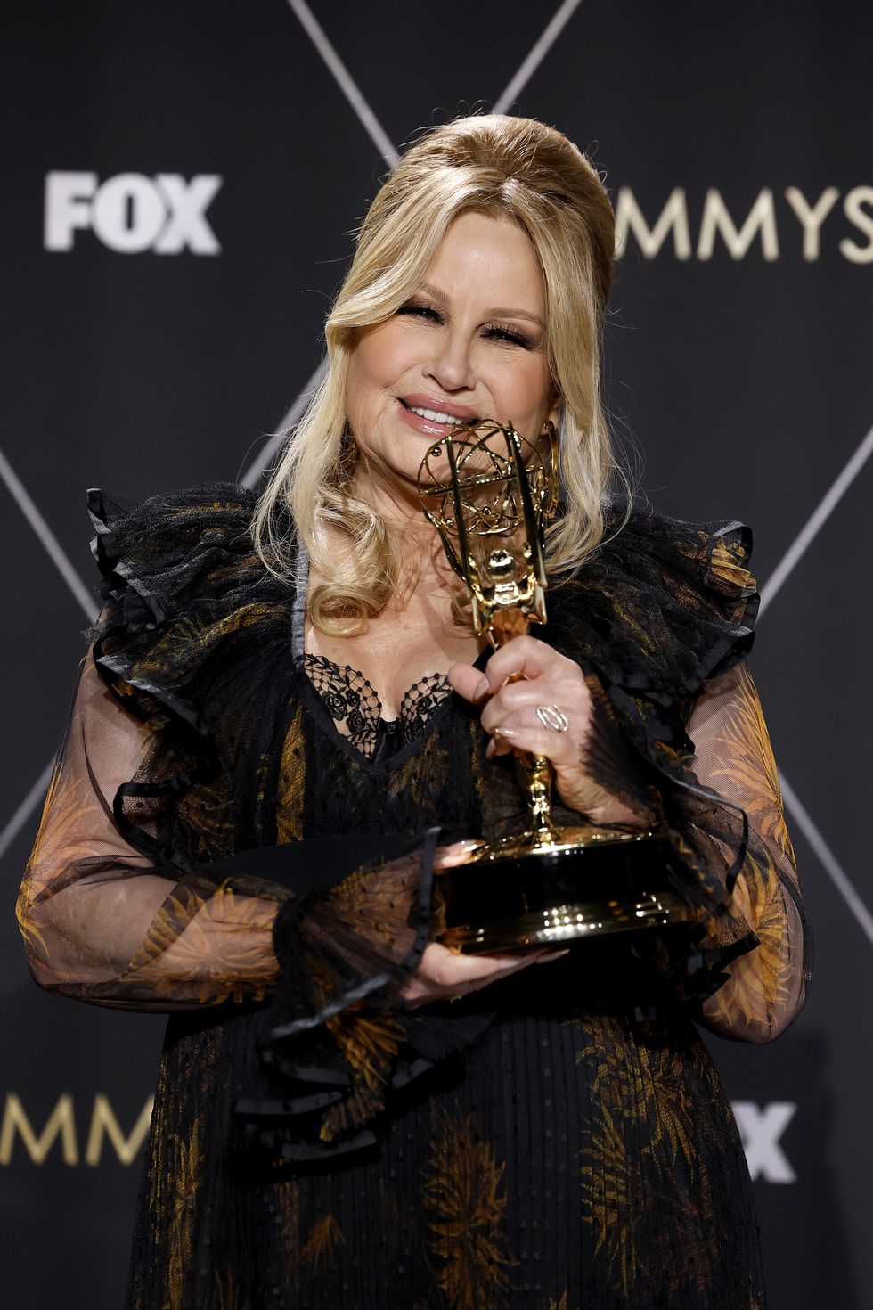 los angeles, california january 15 jennifer coolidge, winner of the outstanding supporting actress in a drama series award for the white lotus, poses in the press room during the 75th primetime emmy awards at peacock theater on january 15, 2024 in los angeles, california photo by frazer harrisongetty images