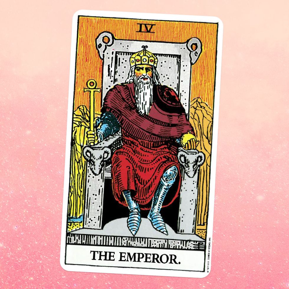 the tarot card the emperor, showing a person with a long white beard, wearing a red robe and a golden crown, sitting on a throne