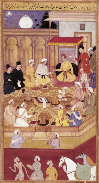 Emperor Akbar in converstion with Jesuit