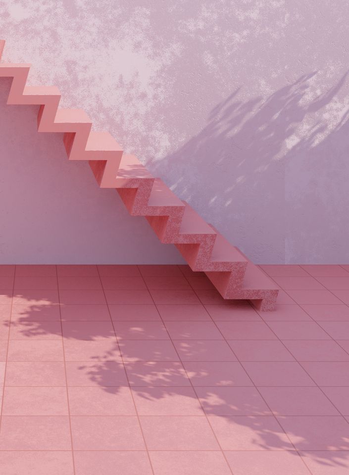 empty exterior pink concrete wall and stairs outside