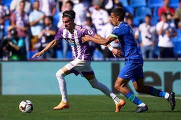 getafe, spain   october 01 angel algobia of getafe battle for the ball with kike perez of valladolid during the la liga santander match between getafe cf and real valladolid cf at coliseum alfonso perez on october 01, 2022 in getafe, spain photo by diego soutoquality sport imagesgetty images