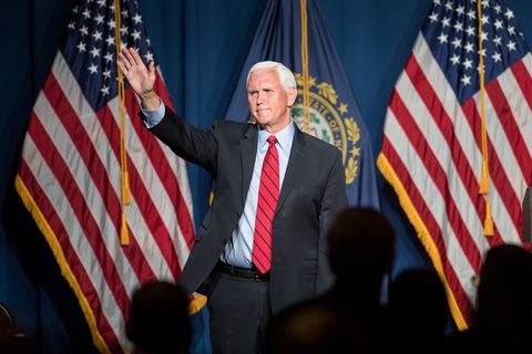 manchester, nh   june 03 former vice president mike pence waves after addressing the gop lincoln reagan dinner on june 3, 2021 in manchester, new hampshire pence's visit to new hampshire would be the first time back since he was vice president photo by scott eisengetty images