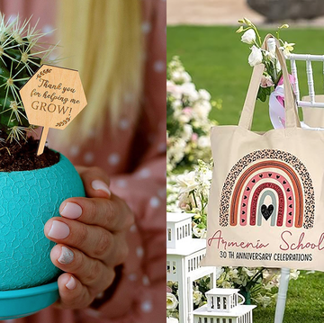succulents with teacher tags and personalized tote bags are two good housekeeping picks for the best teacher gifts