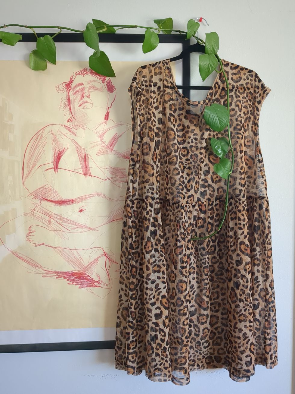 a leopard dress hanging next to artwork