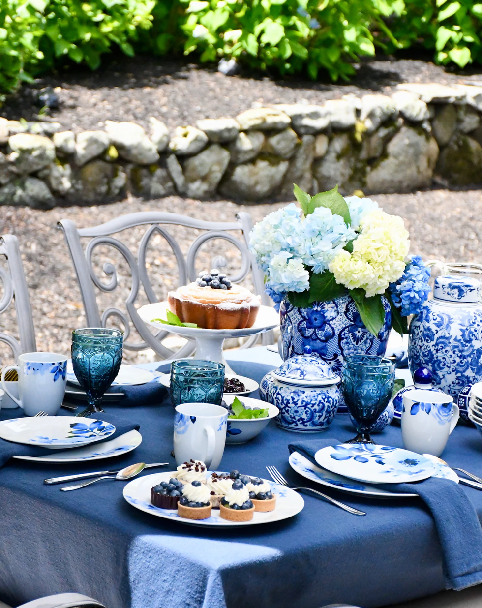 blue and white tablescape for summertime garden tea party