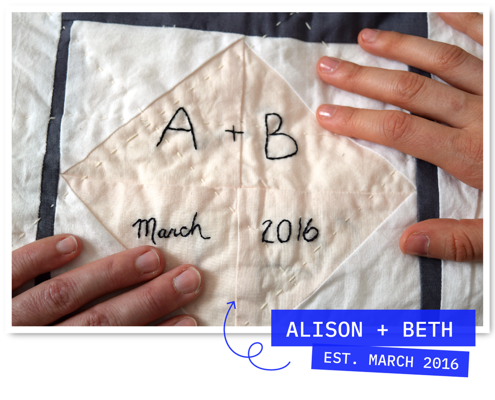 engagement quilt embroidered with the initials a + b and the date march 2016