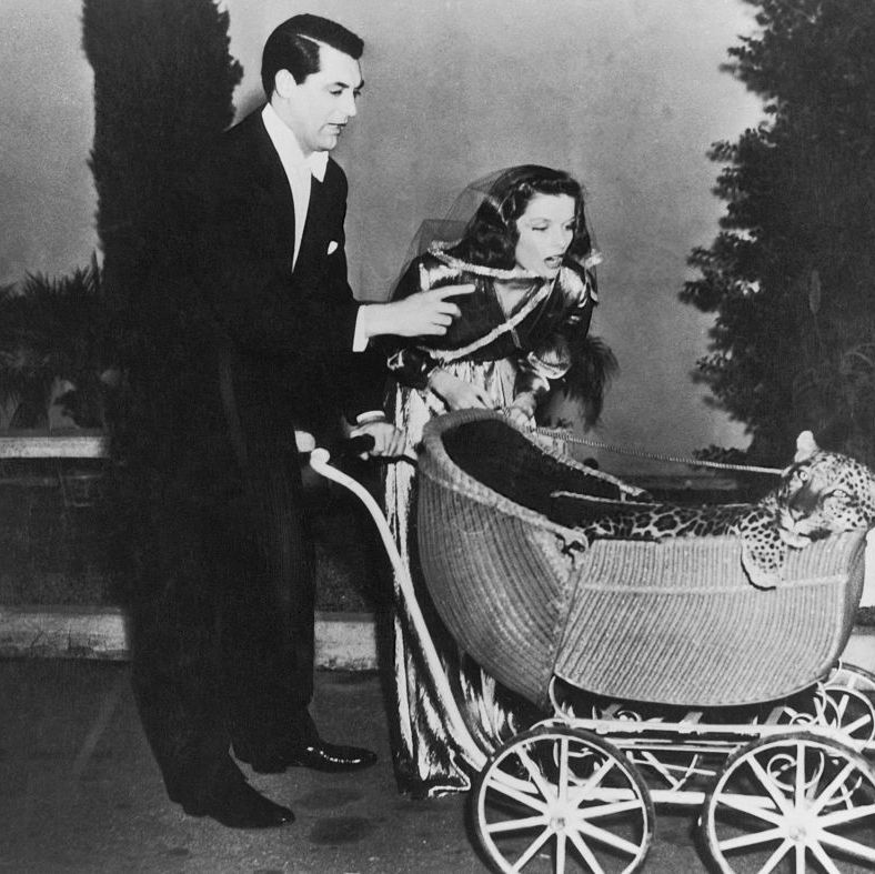 cary grant and katharine hepburn push a stroller carrying a leopard in a scene from bringing up baby