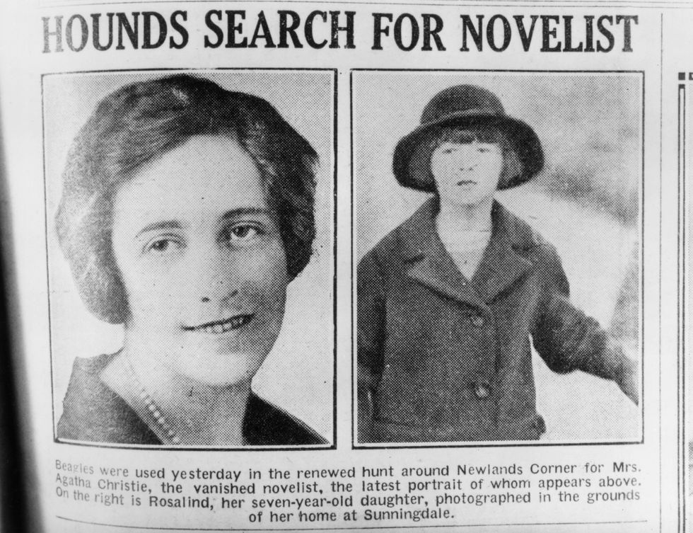 a photo of agatha christie is printed next to a photo of her young daughter with a headline above that says hounds search for novelist