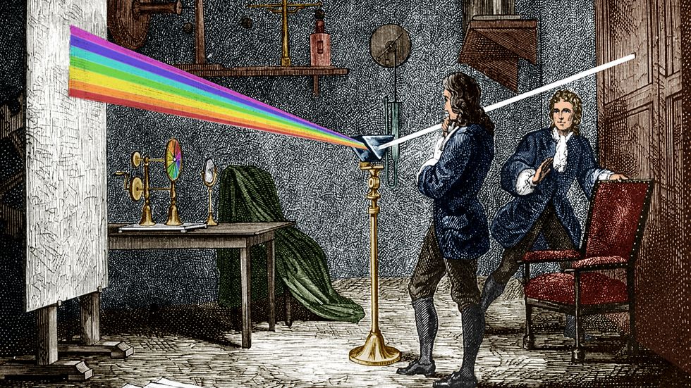 A drawing of Sir Isaac Newton dispersing light with a glass prism