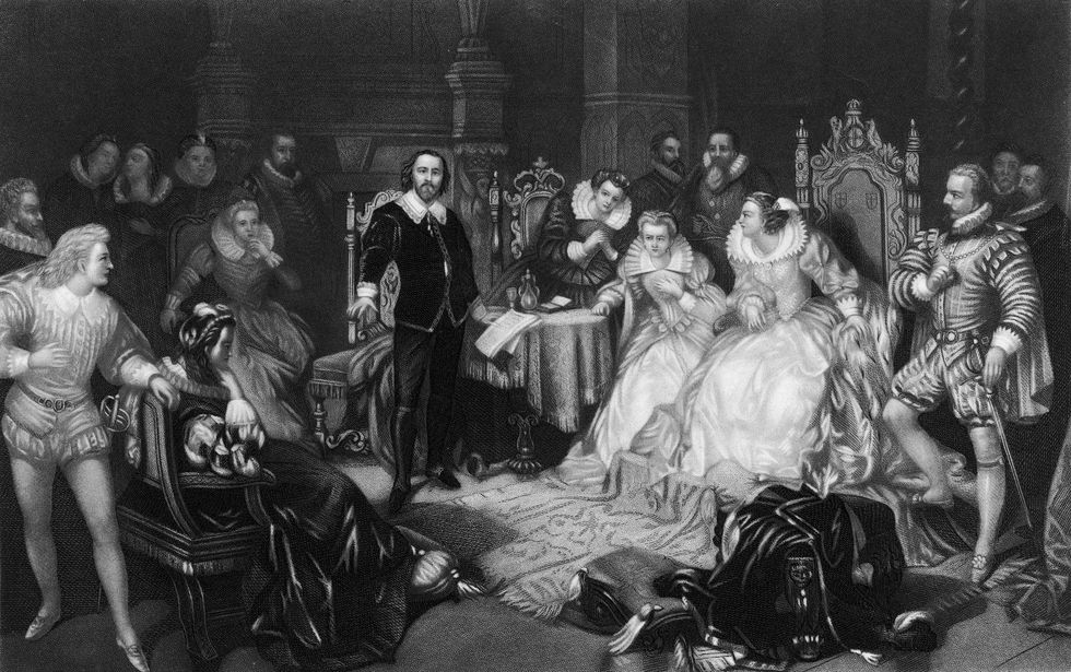 Engraving depicts Shakespeare reciting a work before the court of Elizabeth I