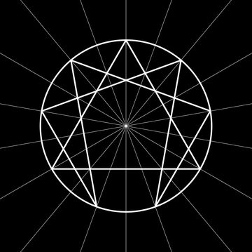 enneagram icon, sacred geometry, white diagram logo template, vector illustration isolated on black background