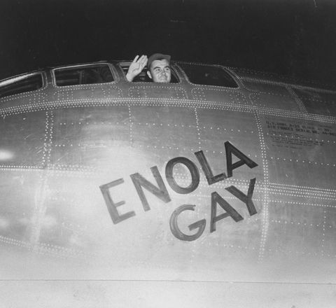 col paul tibbetts waving fr pilot's seat of enola gay moments before takeoff on wwii air raid mission to drop 1st atomic bomb on hiroshima, japan  photo by richard cannonus air forcethe life picture collection via getty images