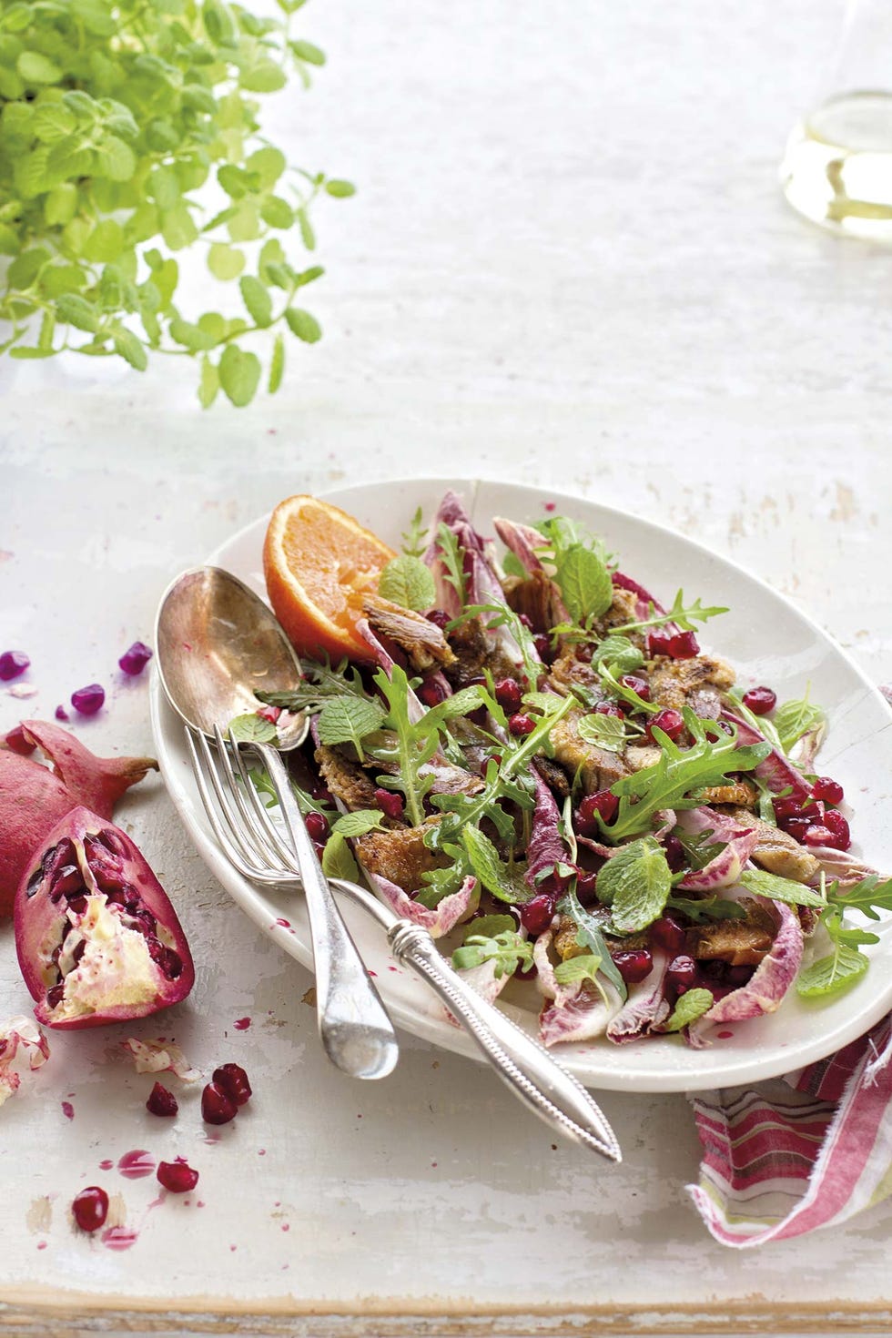 ensalada de pato con granada y rúcula