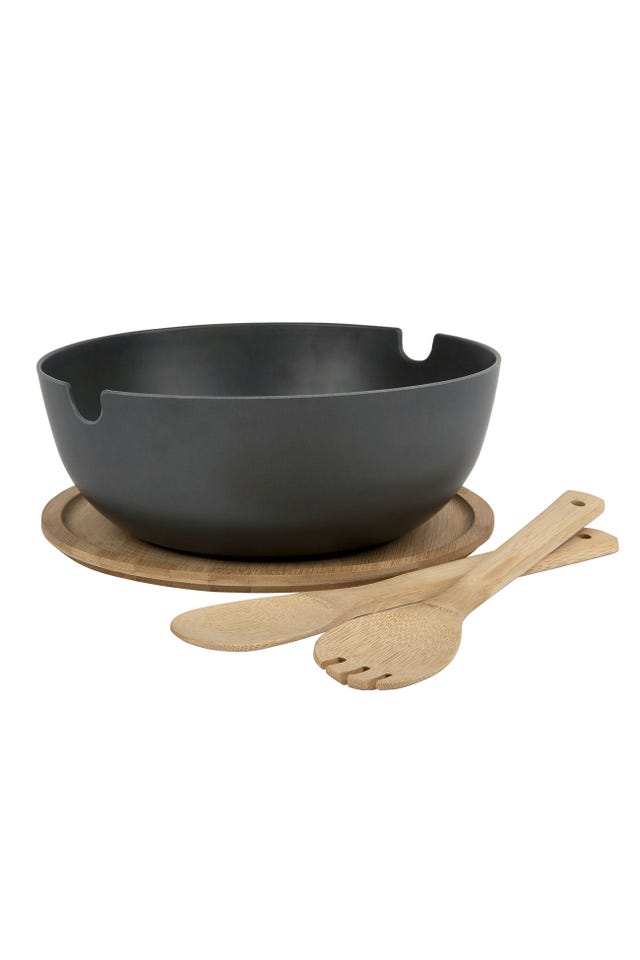 ensaladera negra con tapa de madera