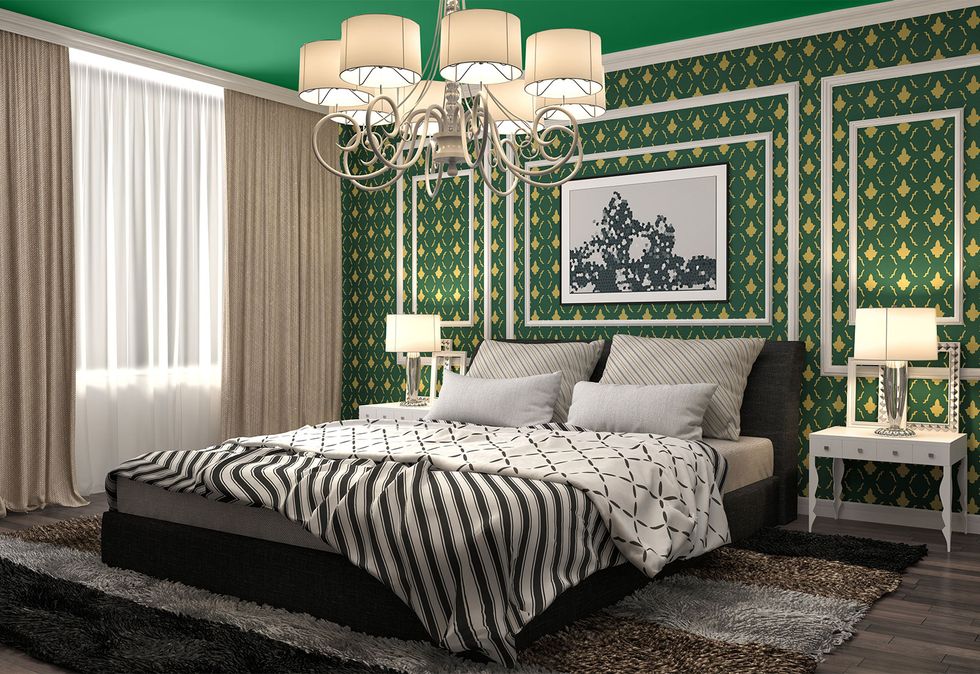 Bedroom, Decoration, Furniture, Room, Interior design, Bed, Green, Ceiling, Wall, Property, 