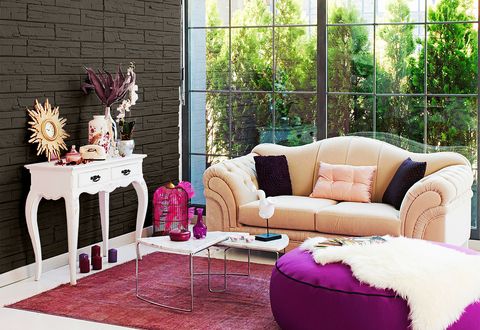 Furniture, Living room, Pink, Purple, Room, Interior design, Violet, Couch, Magenta, Table, 