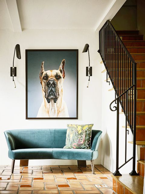 entryway with tile floors and dog portrait
