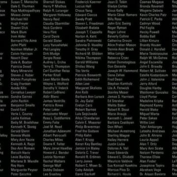 a list of names in white on a black background, paying tribute to the lives lost during the coronavirus pandemic