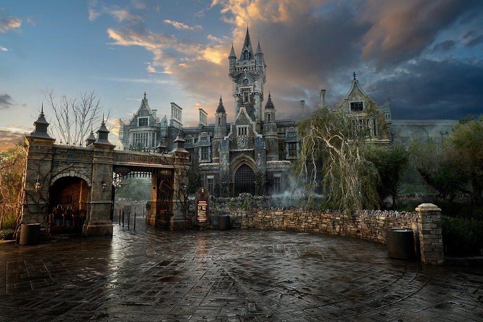 a dark castle rises as part of the dark universe in epic universe