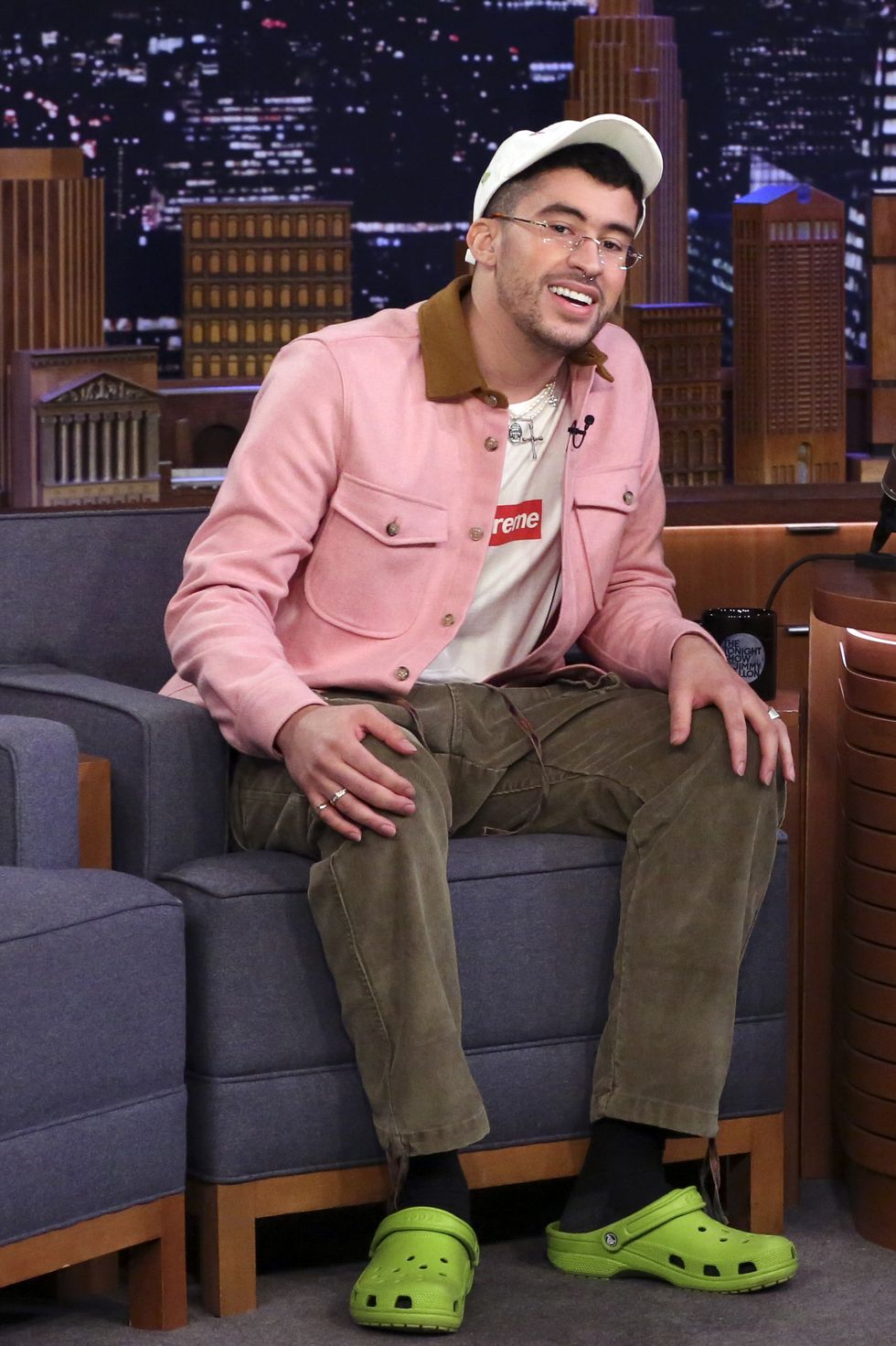Bad Bunny on The Tonight Show in Pink in February