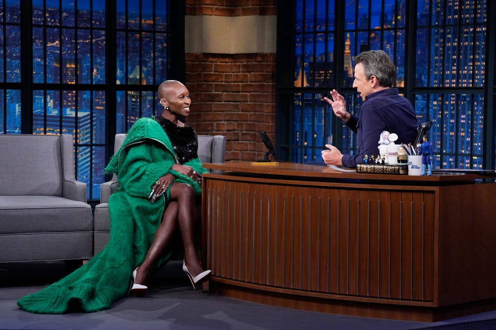 actress cynthia erivo during an interview with host seth meyers on november 14, 2024