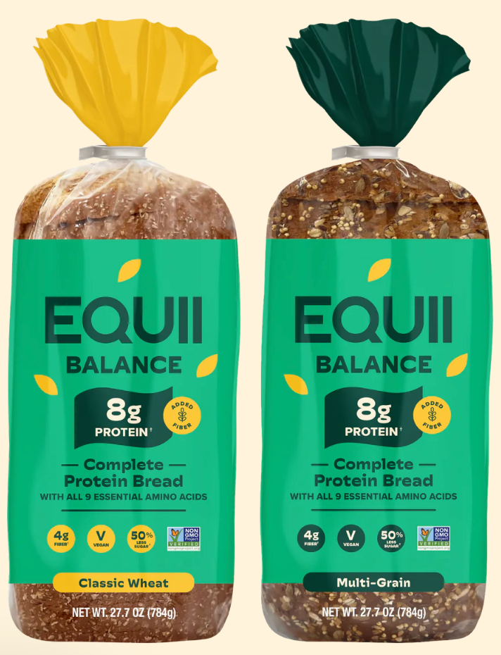 two different varieties of equii balance complete protein bread are displayed