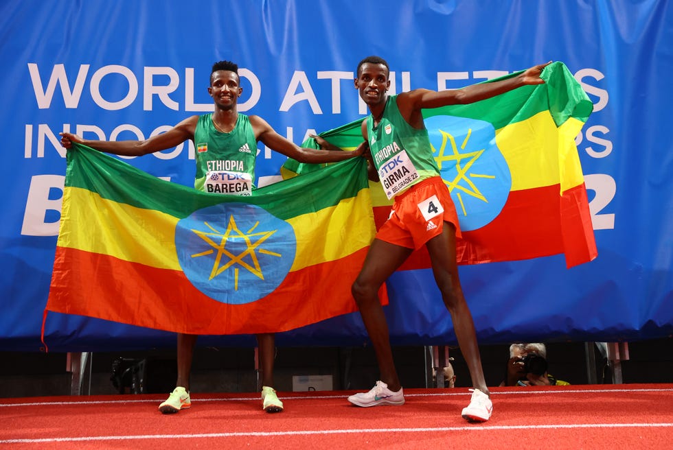 belgrade, serbia   march 20 silver medallist lamecha girma of ethiopia and gold medallist selemon barega of ethiopia pose following the mens 3000 metres final during day three of the world athletics indoor championships at belgrade arena on march 20, 2022 in belgrade, serbia photo by michael steelegetty images