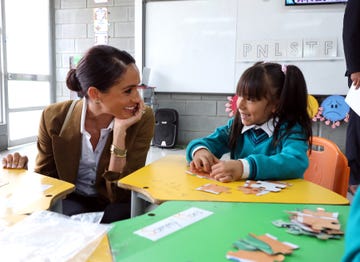 bogota, colombia august 16 meghan, duchess of sussex seen visiting colegio la giralda school during the duke and duchess of sussex colombia visit on august 16, 2024 in bogota, colombia photo by eric charbonneauarchewell foundation via getty images