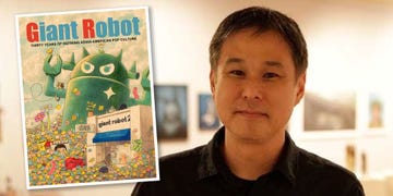 book cover features a large green robot with an expressive face surrounded by colorful stickers and drawings there are elements like flowers creatures and signboards that contribute to a vibrant, playful atmosphere the text highlights giant robot and indicates a celebration of asian american pop culture spanning thirty years the background suggests an art gallery with soft, blurred images