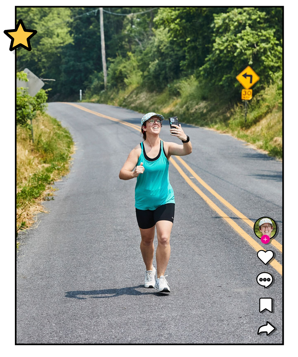erin azar running down road while filming herself on phone in kempton pa in june 2023