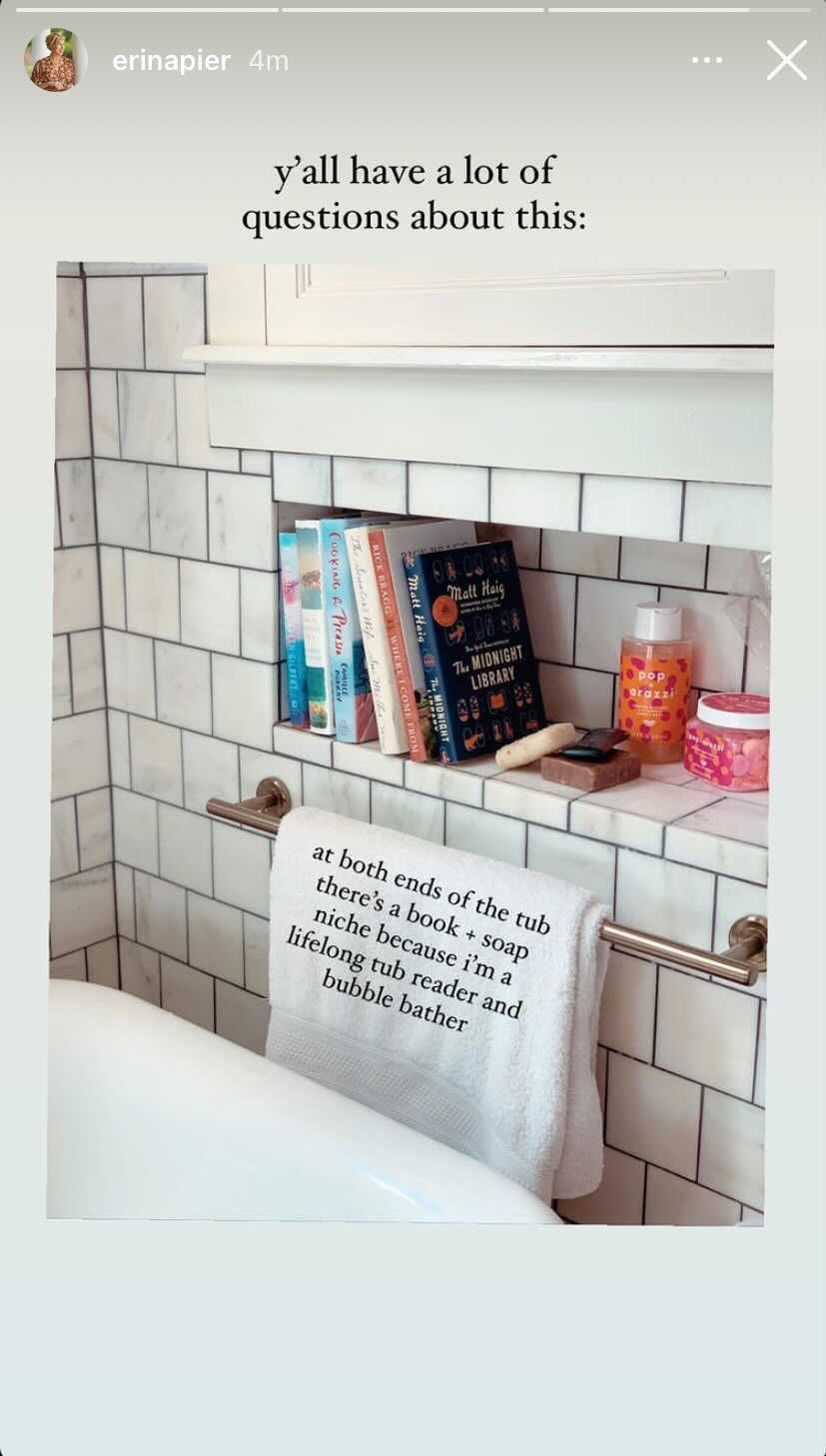 recessed shower with book shelf erin napier instagram story