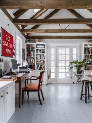 kingsford manor home, study with white wooden flooring, wooden beams