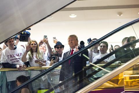new york, ny   june 16   business mogul donald trump rides an escalator to a press event to announce his candidacy for the us presidency at trump tower on june 16, 2015 in new york city  trump is the 12th republican who has announced running for the white house  photo by christopher gregorygetty images